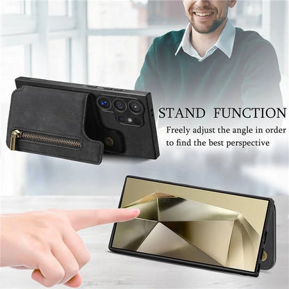 D15 For Samsung Galaxy S24 Ultra Case Card Slot Leather+TPU Zipper Kickstand Retro Phone Cover