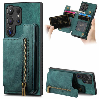 D15 For Samsung Galaxy S24 Ultra Case Card Slot Leather+TPU Zipper Kickstand Retro Phone Cover