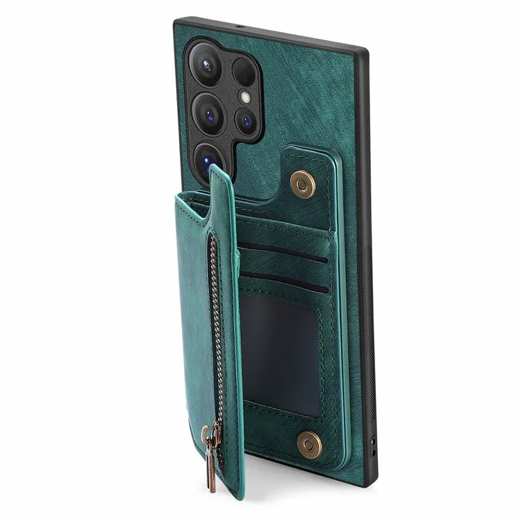 D15 For Samsung Galaxy S24 Ultra Case Card Slot Leather+TPU Zipper Kickstand Retro Phone Cover
