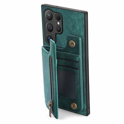 D15 For Samsung Galaxy S24 Ultra Case Card Slot Leather+TPU Zipper Kickstand Retro Phone Cover