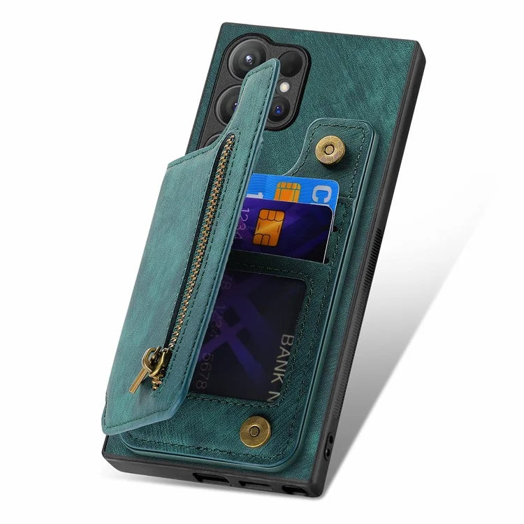 D15 For Samsung Galaxy S24 Ultra Case Card Slot Leather+TPU Zipper Kickstand Retro Phone Cover