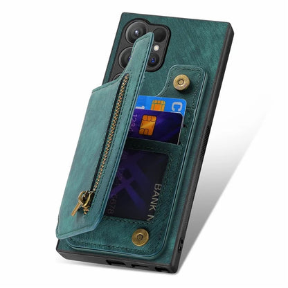 D15 For Samsung Galaxy S24 Ultra Case Card Slot Leather+TPU Zipper Kickstand Retro Phone Cover