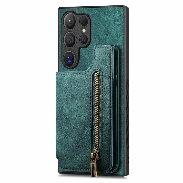 D15 For Samsung Galaxy S24 Ultra Case Card Slot Leather+TPU Zipper Kickstand Retro Phone Cover