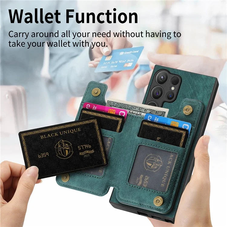 D15 For Samsung Galaxy S24 Ultra Case Card Slot Leather+TPU Zipper Kickstand Retro Phone Cover