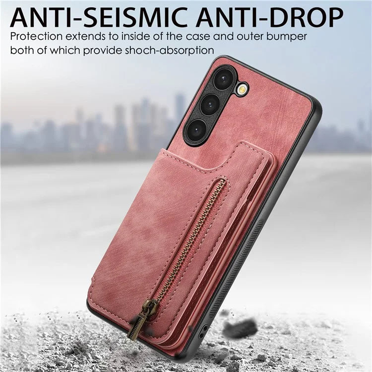 D15 For Samsung Galaxy S23 Kickstand Case Retro PU+TPU Phone Cover with Zipper Wallet