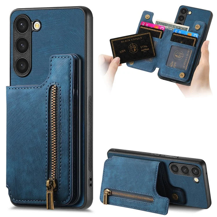 D15 For Samsung Galaxy S23 Kickstand Case Retro PU+TPU Phone Cover with Zipper Wallet