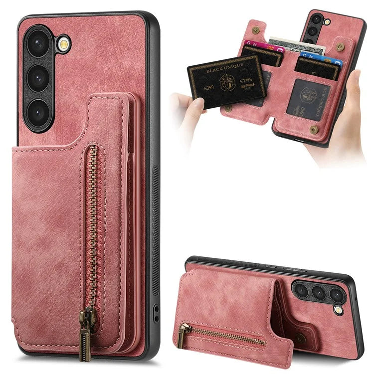 D15 For Samsung Galaxy S23+ Case Anti-Drop Retro PU+TPU Phone Cover with Zipper Wallet Kickstand