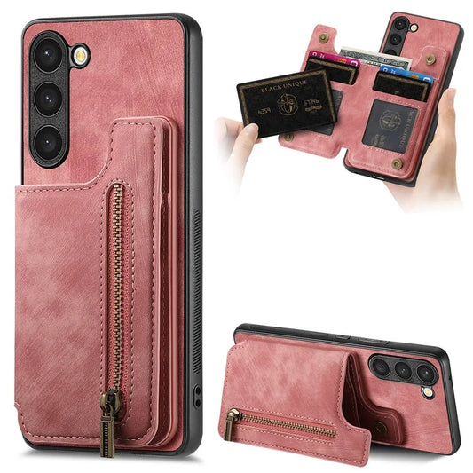 D15 For Samsung Galaxy S23+ Case Anti-Drop Retro PU+TPU Phone Cover with Zipper Wallet Kickstand