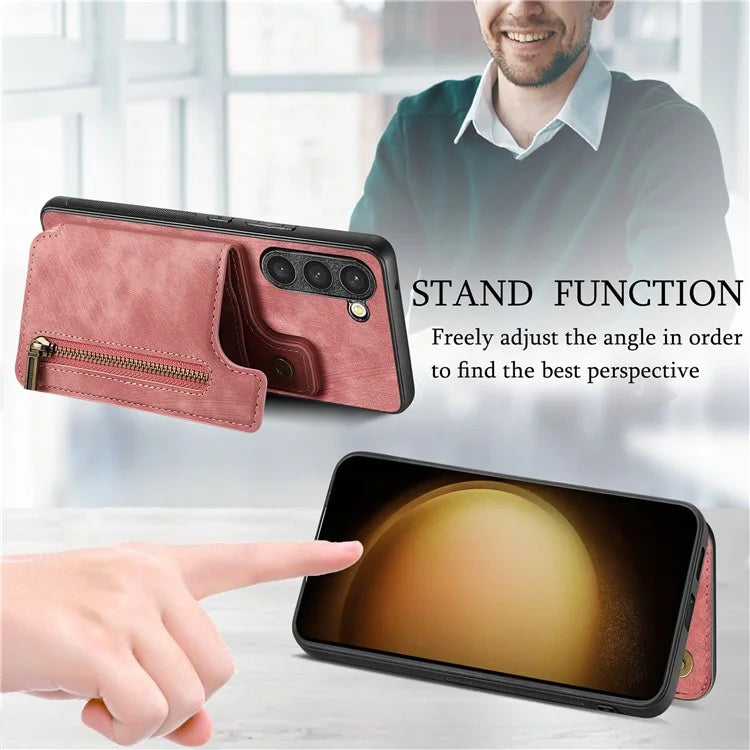 D15 For Samsung Galaxy S23+ Case Anti-Drop Retro PU+TPU Phone Cover with Zipper Wallet Kickstand