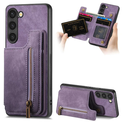D15 For Samsung Galaxy S23+ Case Anti-Drop Retro PU+TPU Phone Cover with Zipper Wallet Kickstand