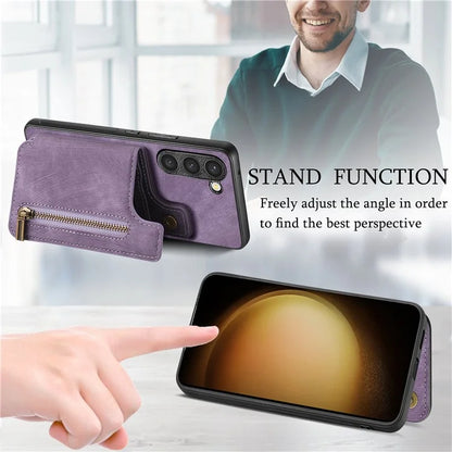 D15 For Samsung Galaxy S23+ Case Anti-Drop Retro PU+TPU Phone Cover with Zipper Wallet Kickstand