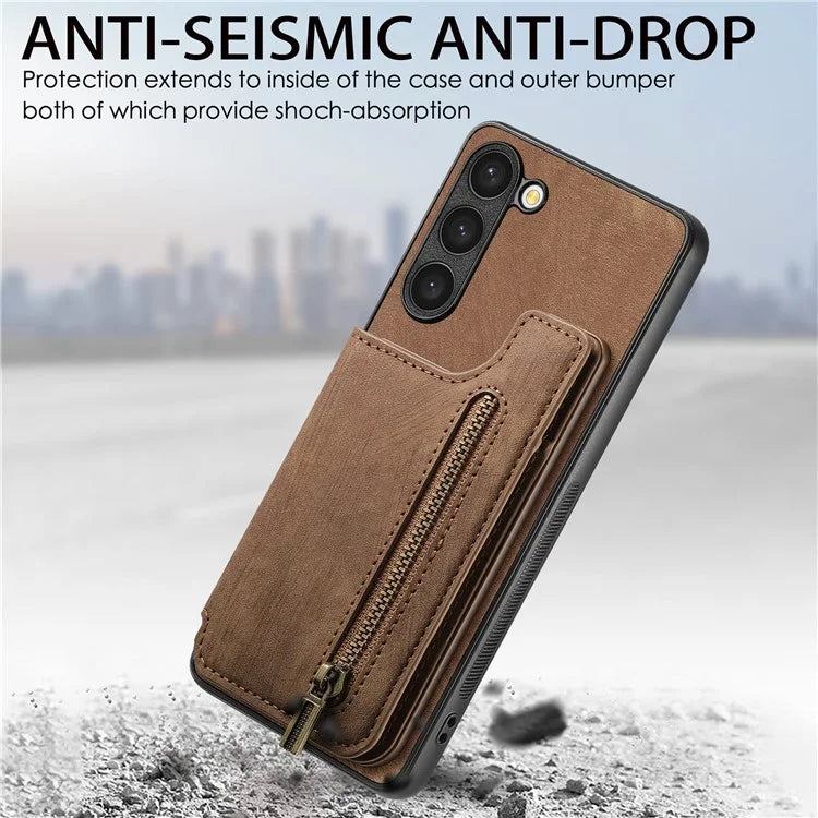 D15 For Samsung Galaxy S23+ Case Anti-Drop Retro PU+TPU Phone Cover with Zipper Wallet Kickstand
