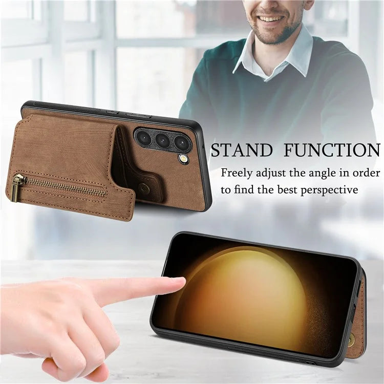 D15 For Samsung Galaxy S23+ Case Anti-Drop Retro PU+TPU Phone Cover with Zipper Wallet Kickstand