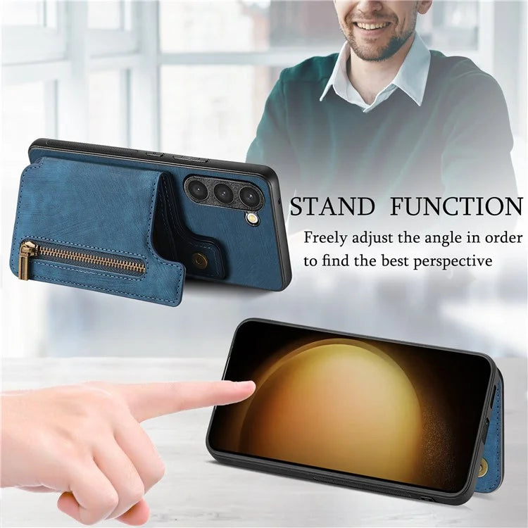 D15 For Samsung Galaxy S23+ Case Anti-Drop Retro PU+TPU Phone Cover with Zipper Wallet Kickstand
