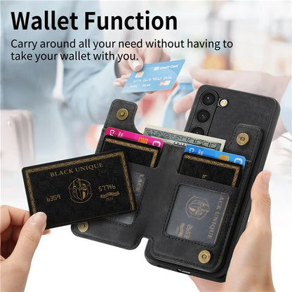 D15 For Samsung Galaxy S23+ Case Anti-Drop Retro PU+TPU Phone Cover with Zipper Wallet Kickstand