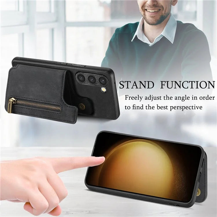 D15 For Samsung Galaxy S23+ Case Anti-Drop Retro PU+TPU Phone Cover with Zipper Wallet Kickstand
