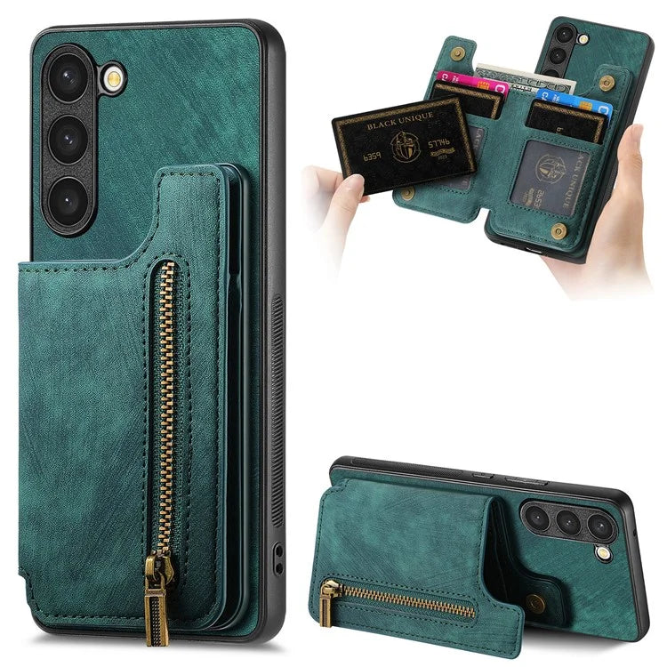 D15 For Samsung Galaxy S23+ Case Anti-Drop Retro PU+TPU Phone Cover with Zipper Wallet Kickstand