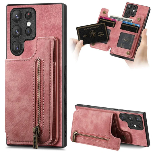 D15 For Samsung Galaxy S23 Ultra Case Retro PU+TPU Zipper Wallet Phone Cover with Kickstand