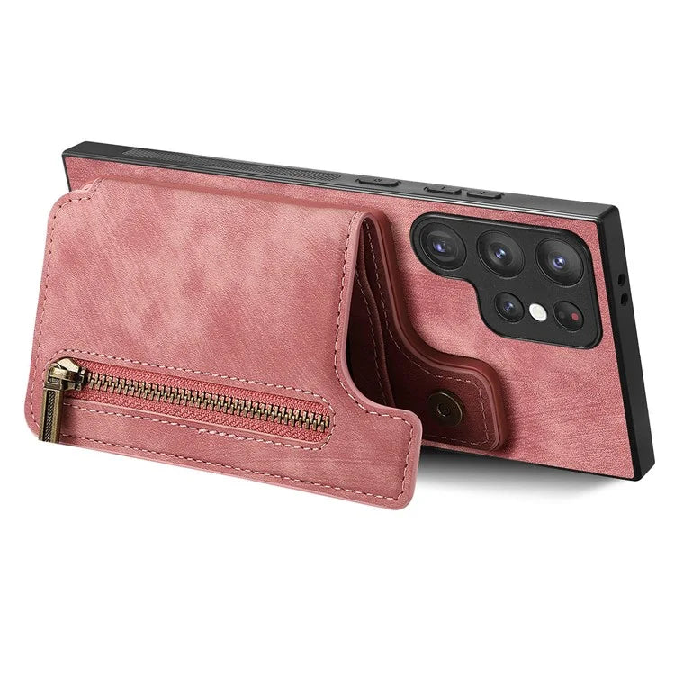 D15 For Samsung Galaxy S23 Ultra Case Retro PU+TPU Zipper Wallet Phone Cover with Kickstand