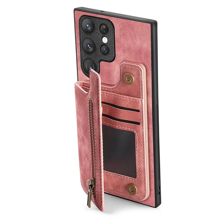 D15 For Samsung Galaxy S23 Ultra Case Retro PU+TPU Zipper Wallet Phone Cover with Kickstand