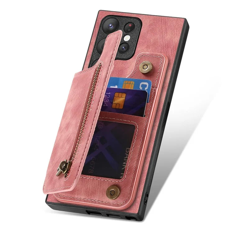 D15 For Samsung Galaxy S23 Ultra Case Retro PU+TPU Zipper Wallet Phone Cover with Kickstand