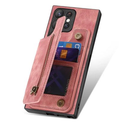 D15 For Samsung Galaxy S23 Ultra Case Retro PU+TPU Zipper Wallet Phone Cover with Kickstand