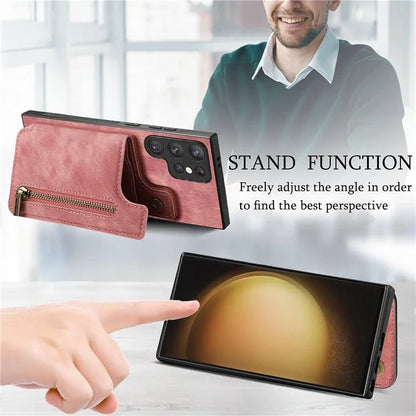 D15 For Samsung Galaxy S23 Ultra Case Retro PU+TPU Zipper Wallet Phone Cover with Kickstand