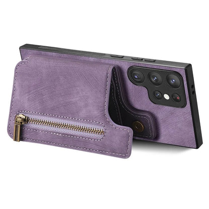 D15 For Samsung Galaxy S23 Ultra Case Retro PU+TPU Zipper Wallet Phone Cover with Kickstand