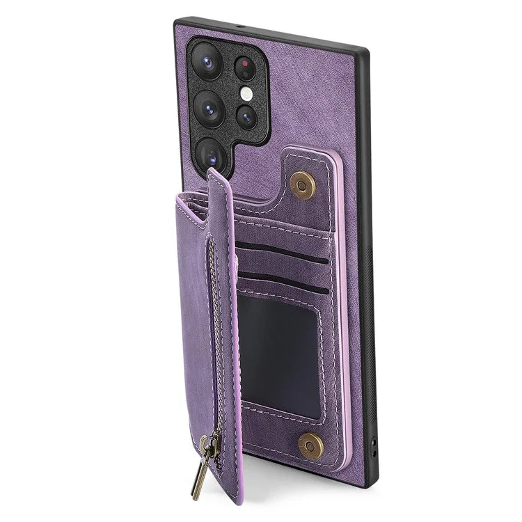 D15 For Samsung Galaxy S23 Ultra Case Retro PU+TPU Zipper Wallet Phone Cover with Kickstand
