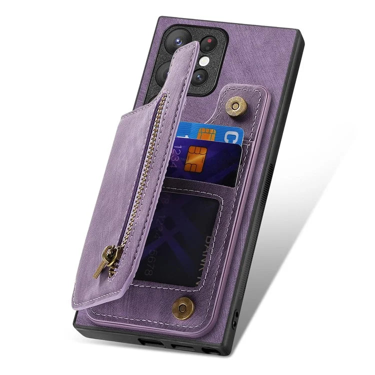 D15 For Samsung Galaxy S23 Ultra Case Retro PU+TPU Zipper Wallet Phone Cover with Kickstand