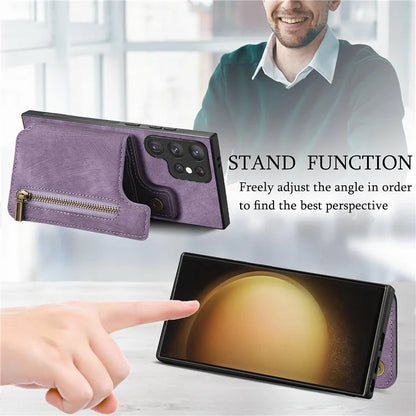 D15 For Samsung Galaxy S23 Ultra Case Retro PU+TPU Zipper Wallet Phone Cover with Kickstand