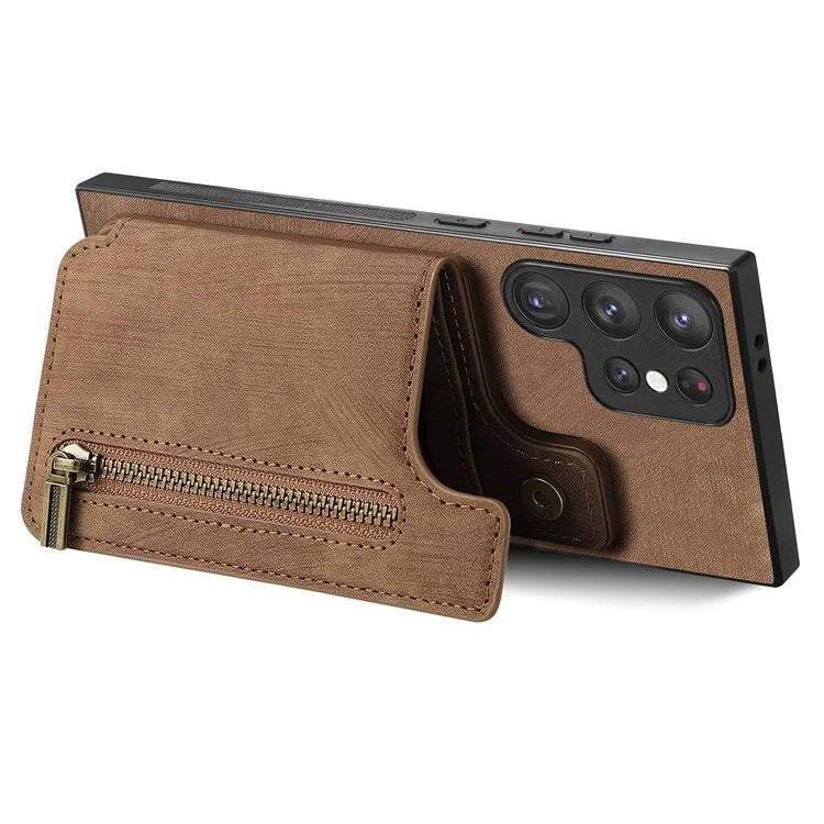D15 For Samsung Galaxy S23 Ultra Case Retro PU+TPU Zipper Wallet Phone Cover with Kickstand