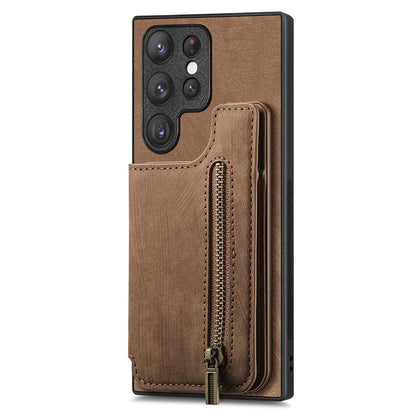 D15 For Samsung Galaxy S23 Ultra Case Retro PU+TPU Zipper Wallet Phone Cover with Kickstand