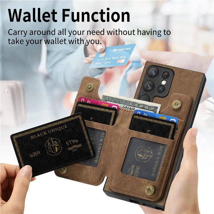 D15 For Samsung Galaxy S23 Ultra Case Retro PU+TPU Zipper Wallet Phone Cover with Kickstand