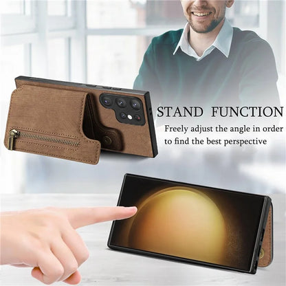 D15 For Samsung Galaxy S23 Ultra Case Retro PU+TPU Zipper Wallet Phone Cover with Kickstand