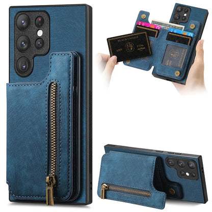 D15 For Samsung Galaxy S23 Ultra Case Retro PU+TPU Zipper Wallet Phone Cover with Kickstand