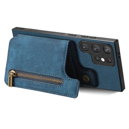 D15 For Samsung Galaxy S23 Ultra Case Retro PU+TPU Zipper Wallet Phone Cover with Kickstand