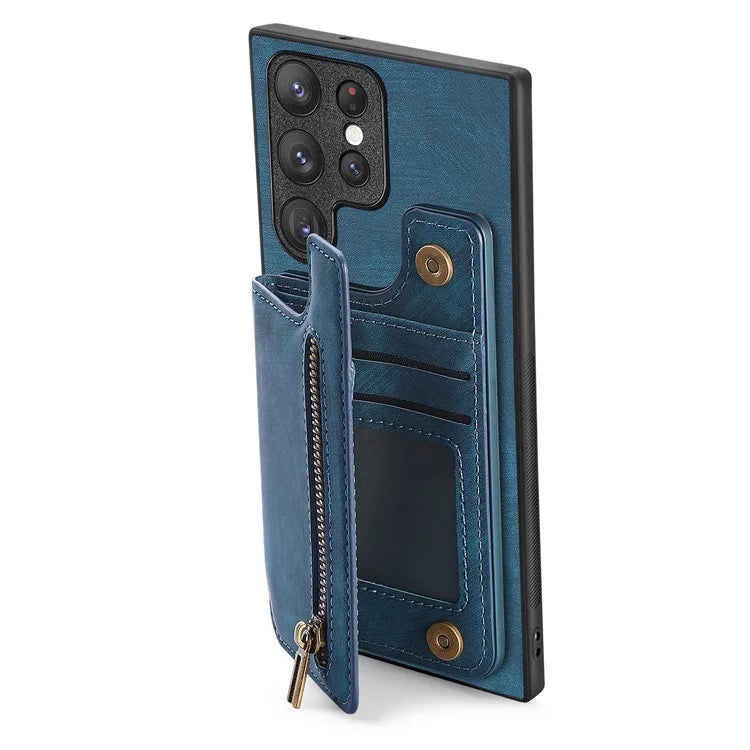 D15 For Samsung Galaxy S23 Ultra Case Retro PU+TPU Zipper Wallet Phone Cover with Kickstand
