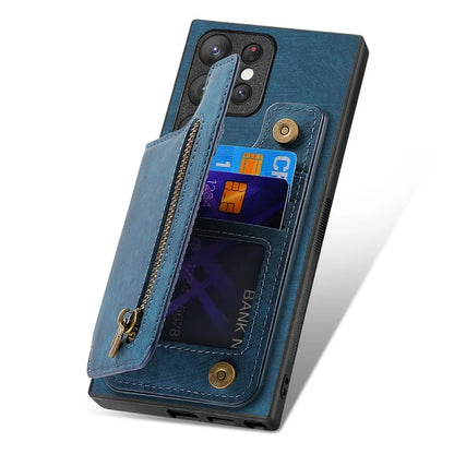 D15 For Samsung Galaxy S23 Ultra Case Retro PU+TPU Zipper Wallet Phone Cover with Kickstand