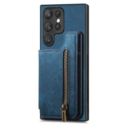 D15 For Samsung Galaxy S23 Ultra Case Retro PU+TPU Zipper Wallet Phone Cover with Kickstand
