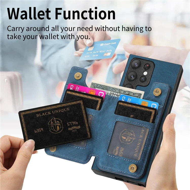 D15 For Samsung Galaxy S23 Ultra Case Retro PU+TPU Zipper Wallet Phone Cover with Kickstand