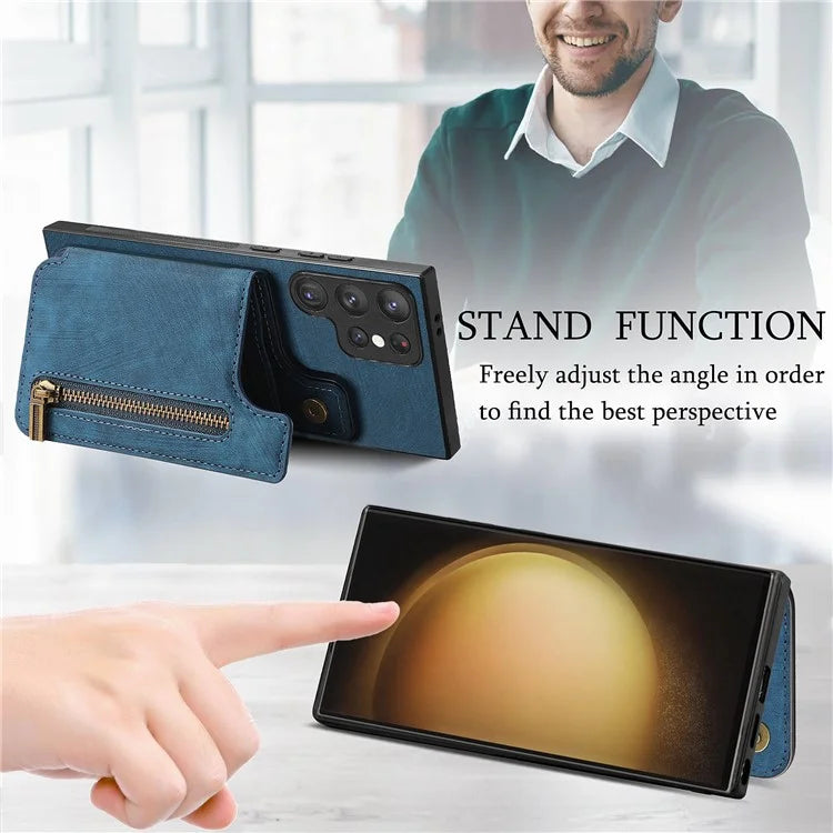 D15 For Samsung Galaxy S23 Ultra Case Retro PU+TPU Zipper Wallet Phone Cover with Kickstand