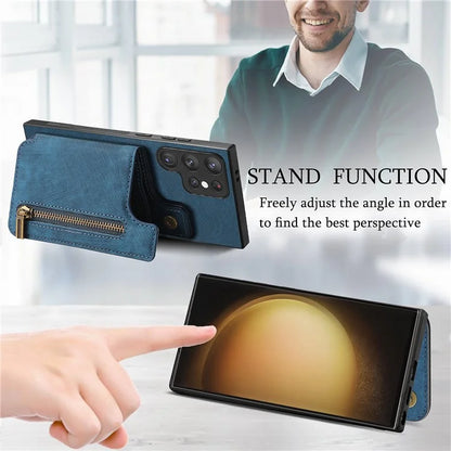 D15 For Samsung Galaxy S23 Ultra Case Retro PU+TPU Zipper Wallet Phone Cover with Kickstand