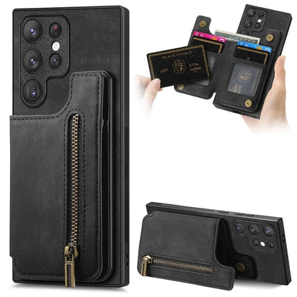D15 For Samsung Galaxy S23 Ultra Case Retro PU+TPU Zipper Wallet Phone Cover with Kickstand