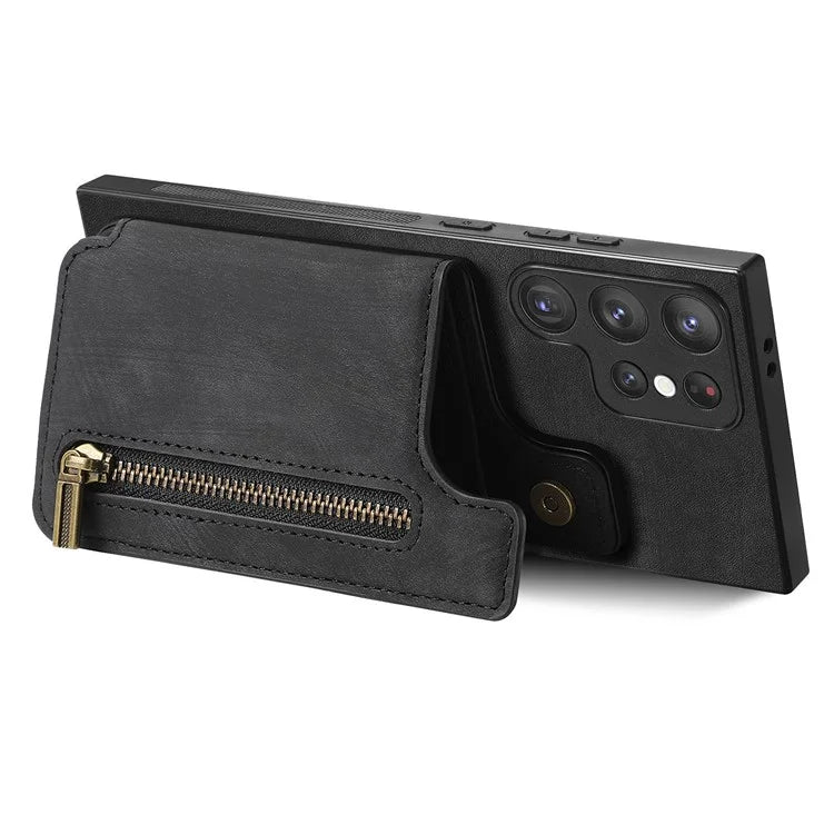 D15 For Samsung Galaxy S23 Ultra Case Retro PU+TPU Zipper Wallet Phone Cover with Kickstand