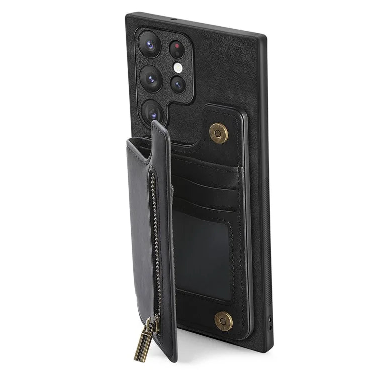 D15 For Samsung Galaxy S23 Ultra Case Retro PU+TPU Zipper Wallet Phone Cover with Kickstand