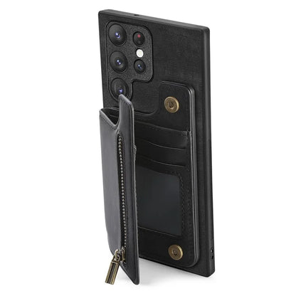 D15 For Samsung Galaxy S23 Ultra Case Retro PU+TPU Zipper Wallet Phone Cover with Kickstand