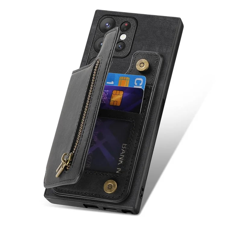 D15 For Samsung Galaxy S23 Ultra Case Retro PU+TPU Zipper Wallet Phone Cover with Kickstand