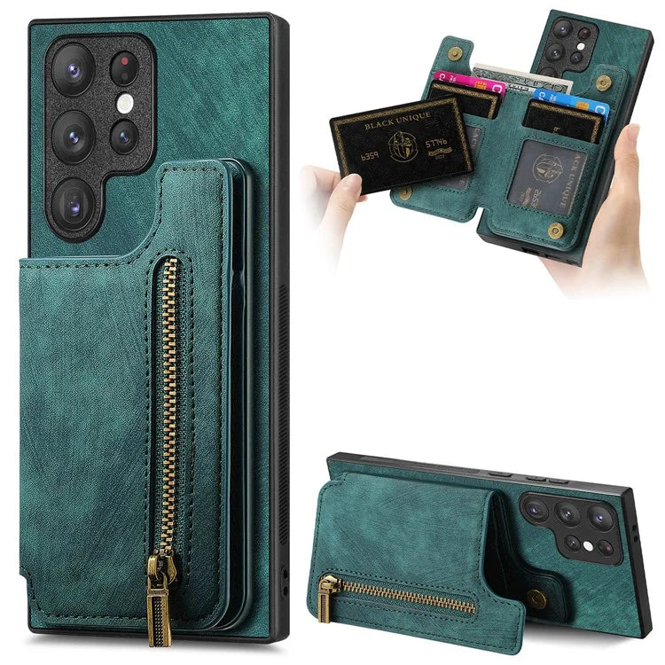 D15 For Samsung Galaxy S23 Ultra Case Retro PU+TPU Zipper Wallet Phone Cover with Kickstand