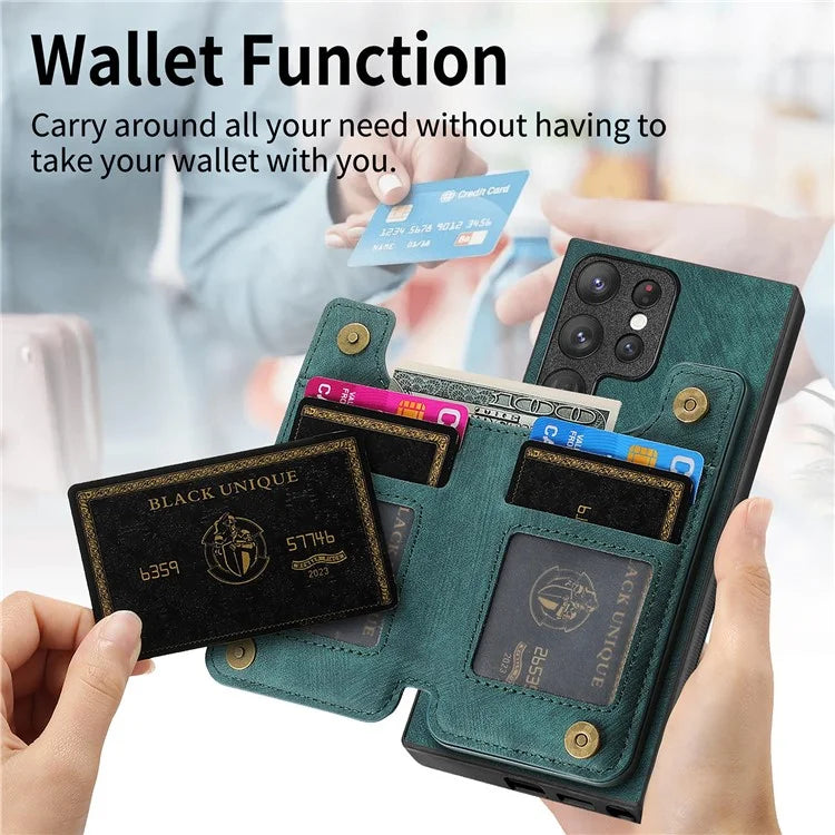 D15 For Samsung Galaxy S23 Ultra Case Retro PU+TPU Zipper Wallet Phone Cover with Kickstand